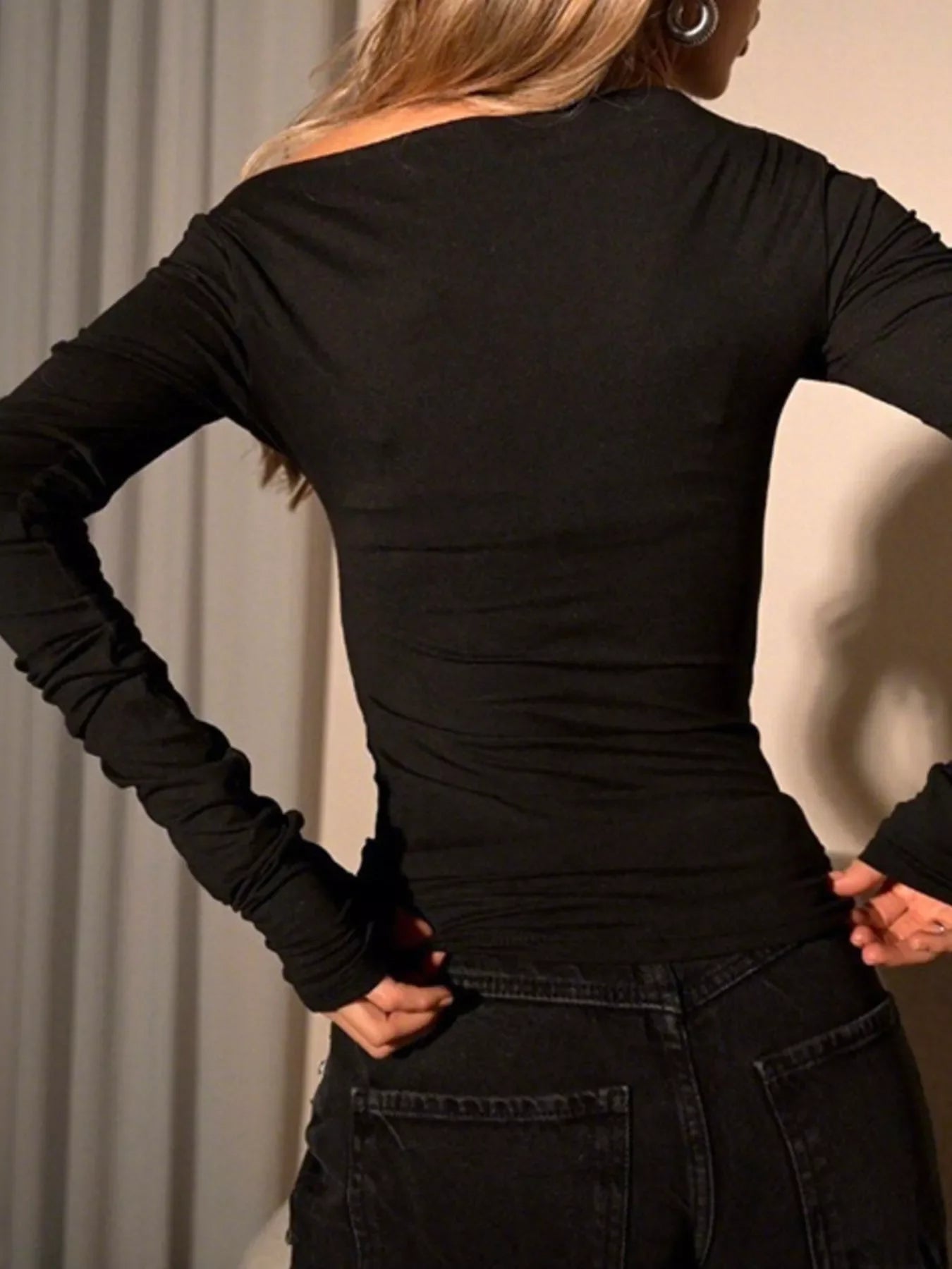 Off-Shoulder Ruched Long Sleeve T-Shirt