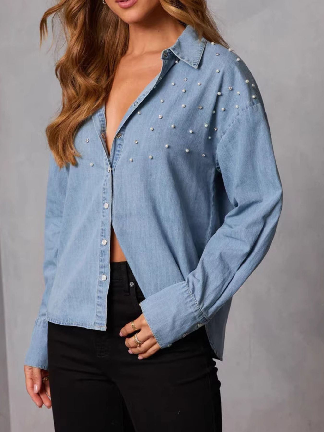 Pearl Embellished Button Up Denim Shirt