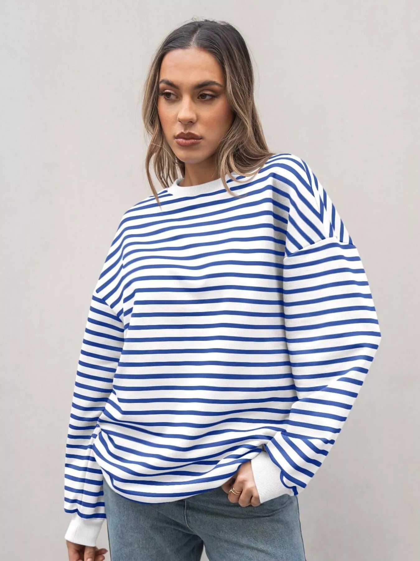 Striped Round Neck Oversized Casual Sweatshirt