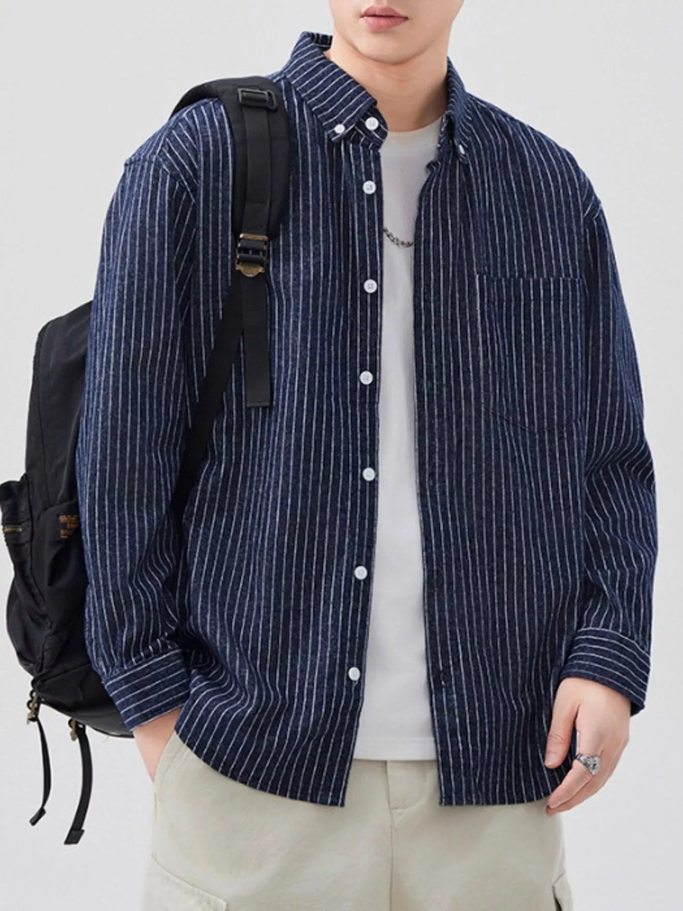 Men's Plus Size Striped Button Up Long Sleeve Shirt