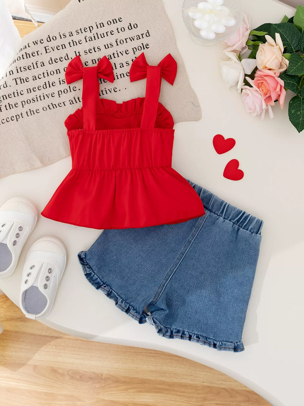 Children's Bowknot Top & Heart Denim Shorts Set