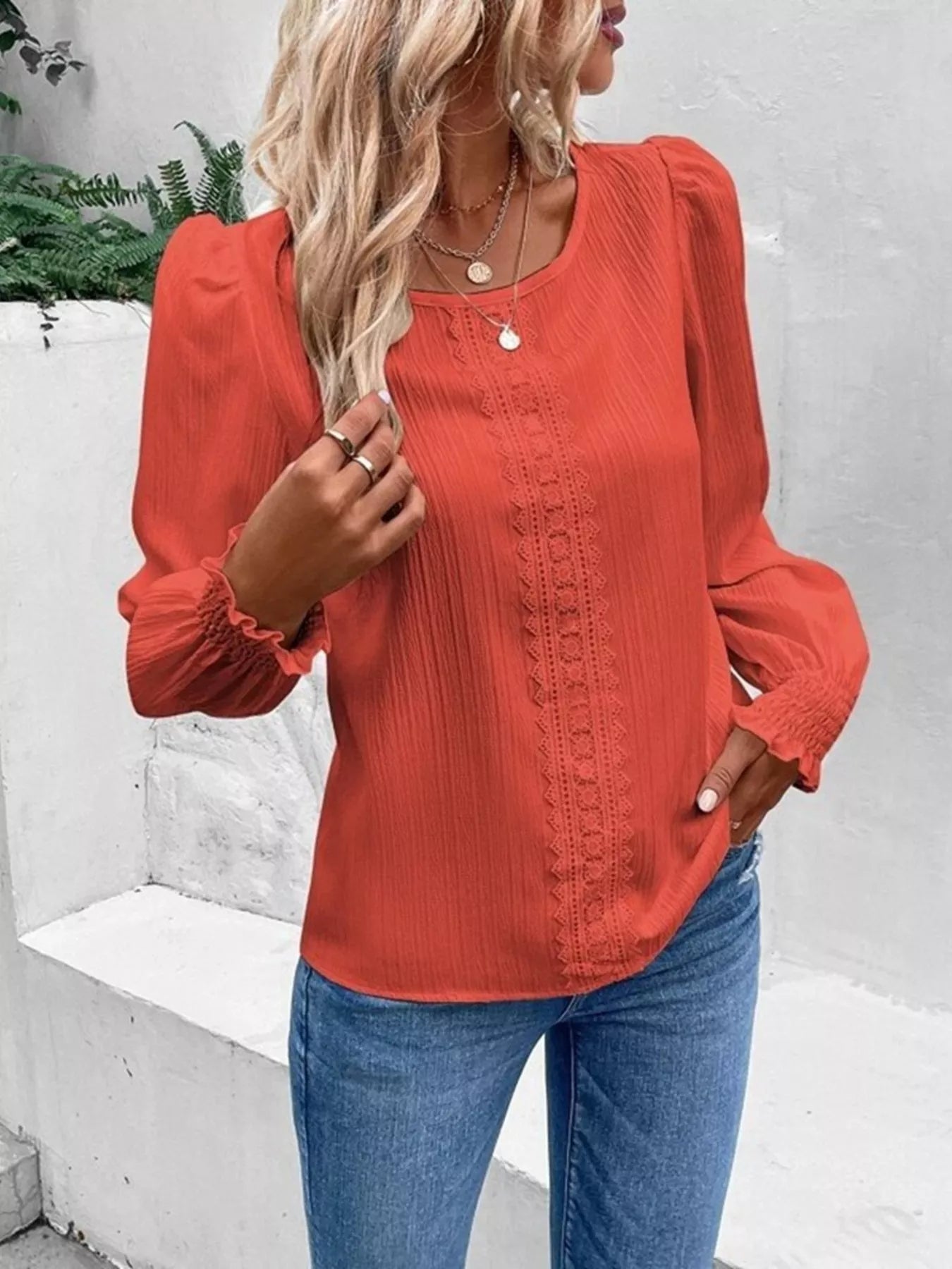Lace Trim Long Sleeve Blouse