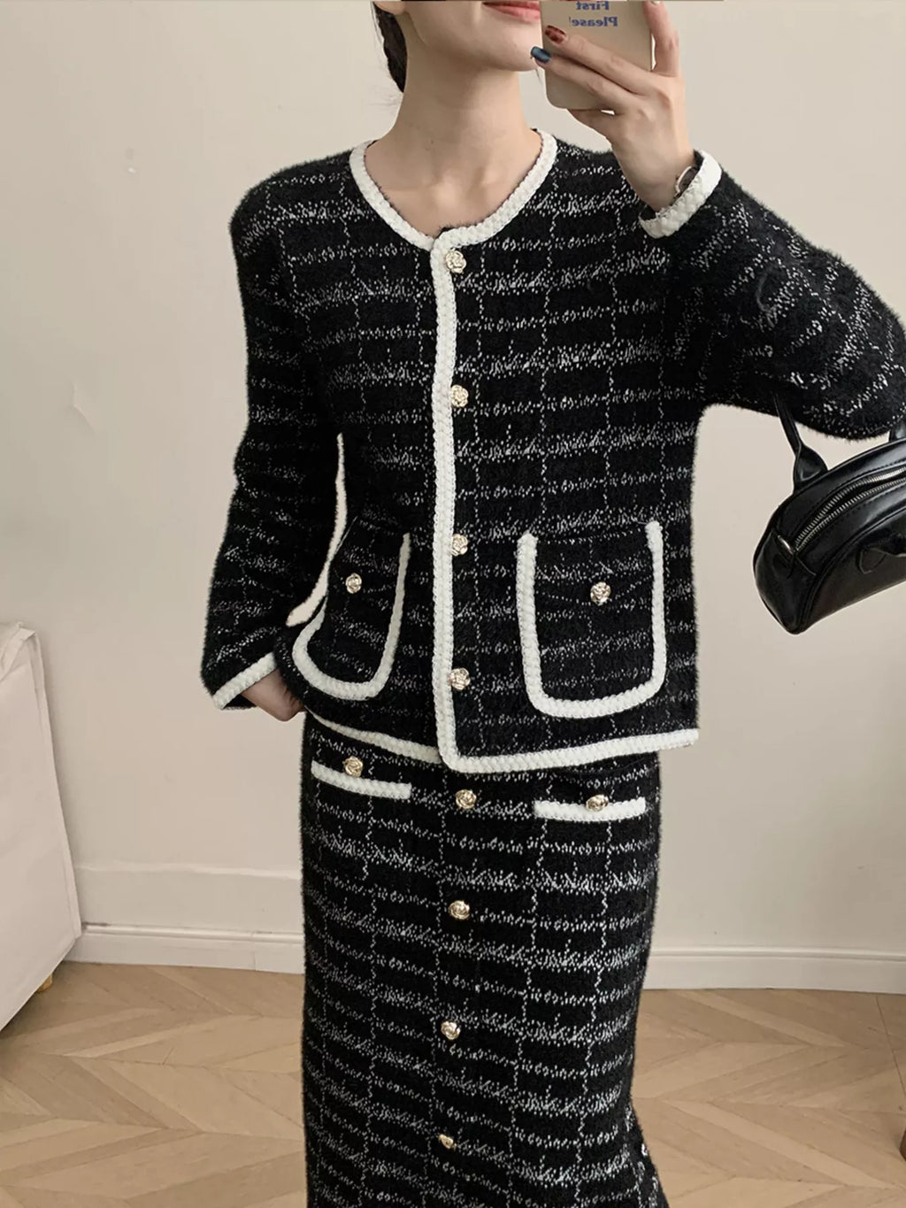 Tweed Contrast Trim Jacket and Skirt Set
