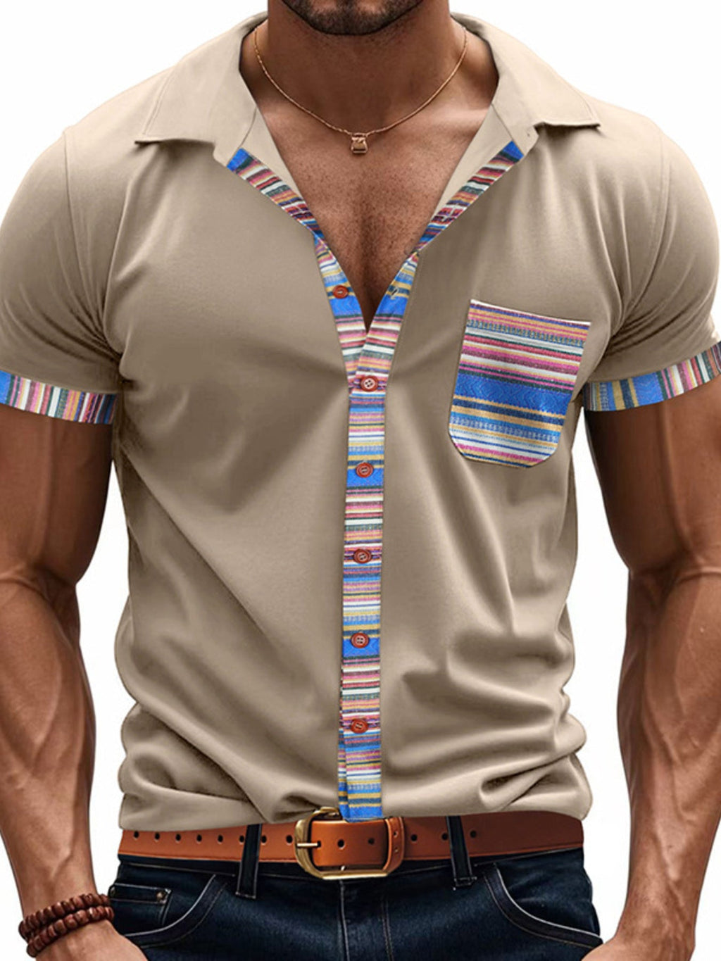 Men's Full Size Short Sleeve Shirt with Colorful Trim Plus Size