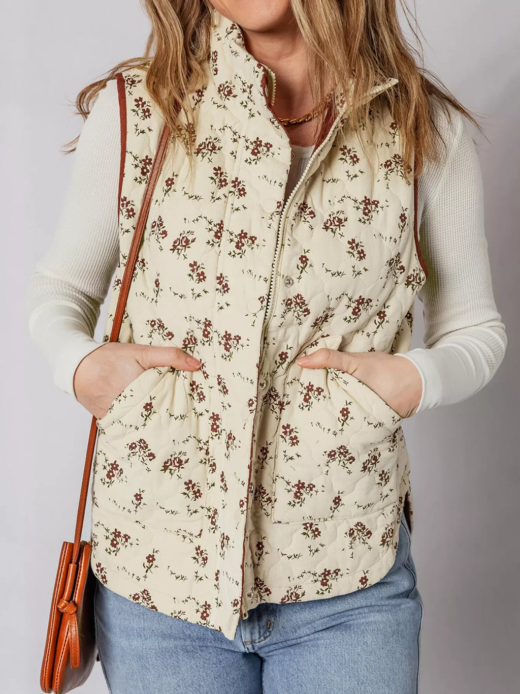 Floral Print Zip Up Quilted Vest