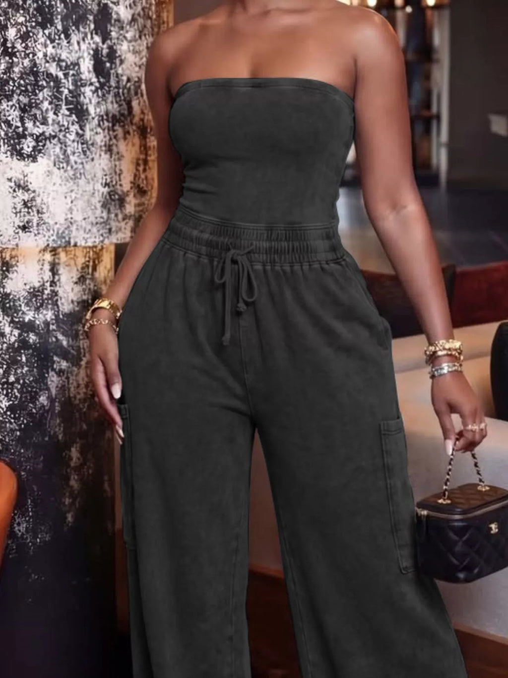 Drawstring Strapless Wide-Leg Jumpsuit