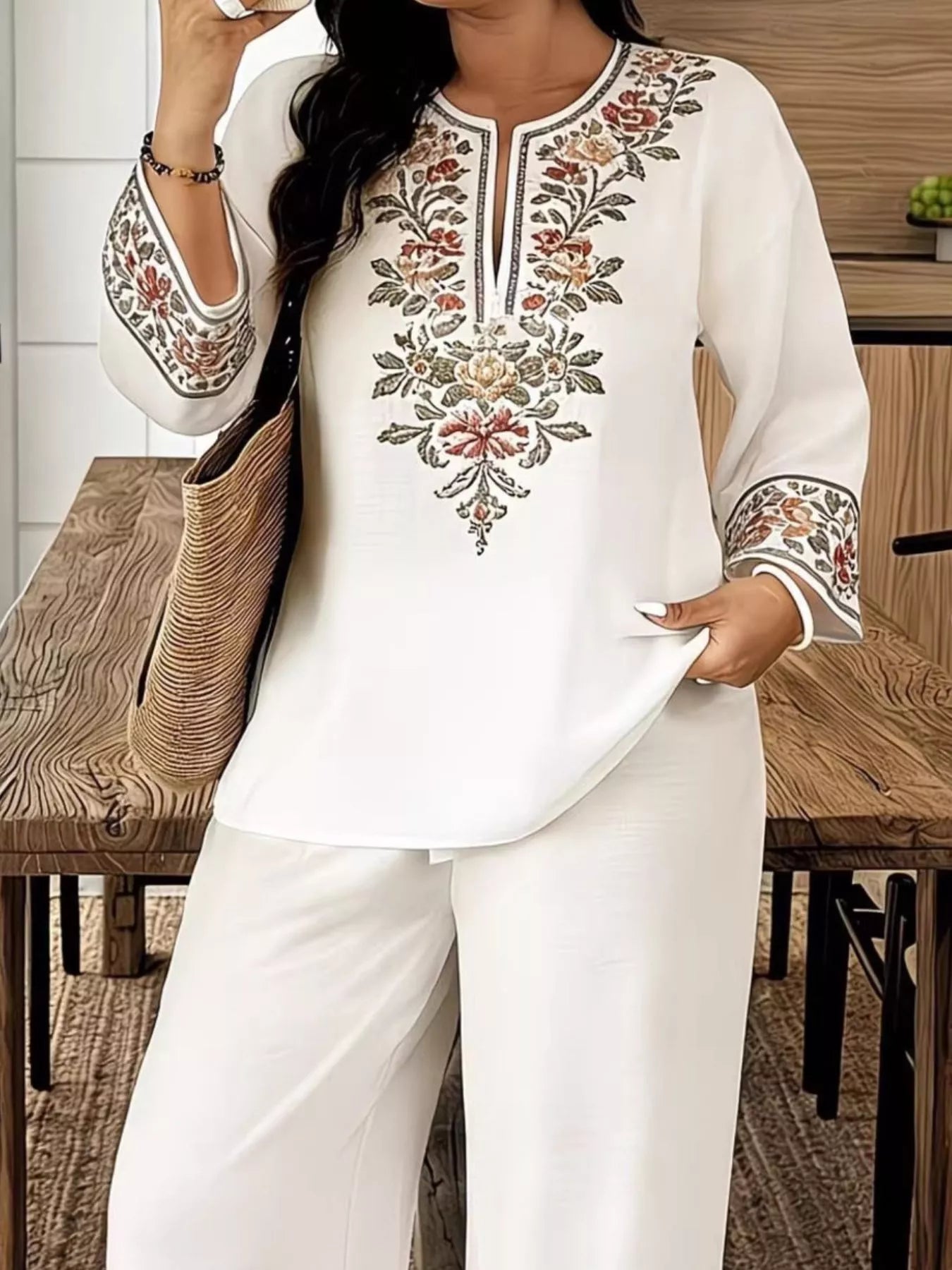Full Size Embroidered Long Sleeve Top and Pants Set Plus Size