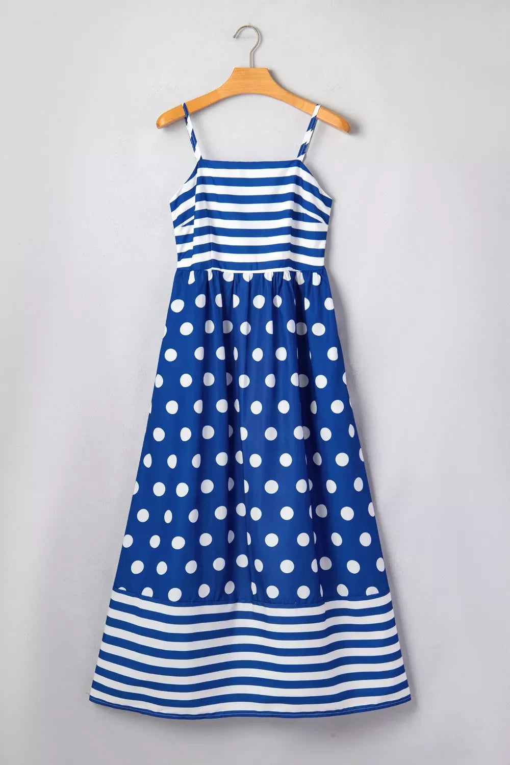 Striped Polka Dot Patchwork High Waist Spaghetti Straps Maxi Dress