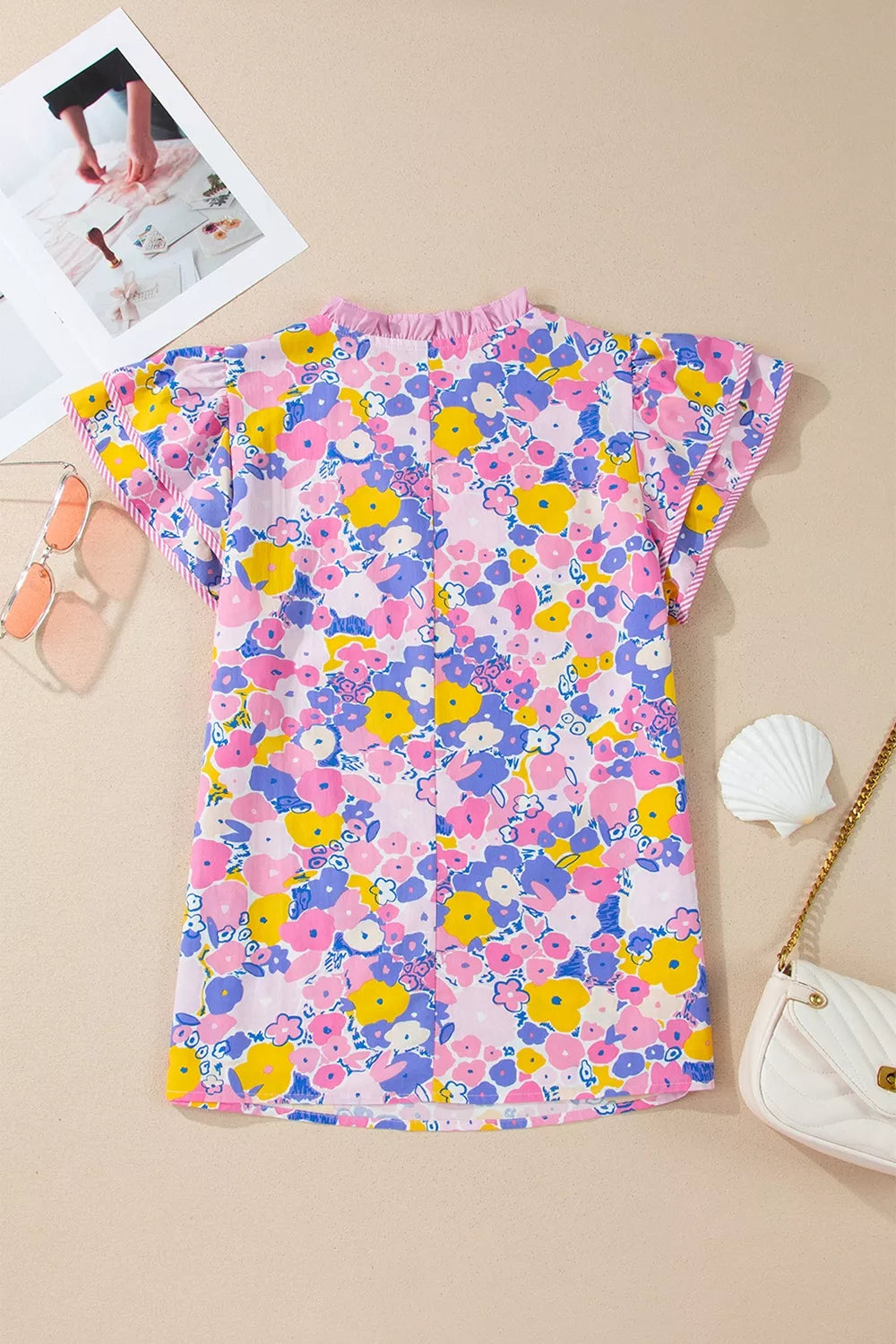 Floral Print Striped Color Block Patchwork V Neck Flutter Sleeve Blouse