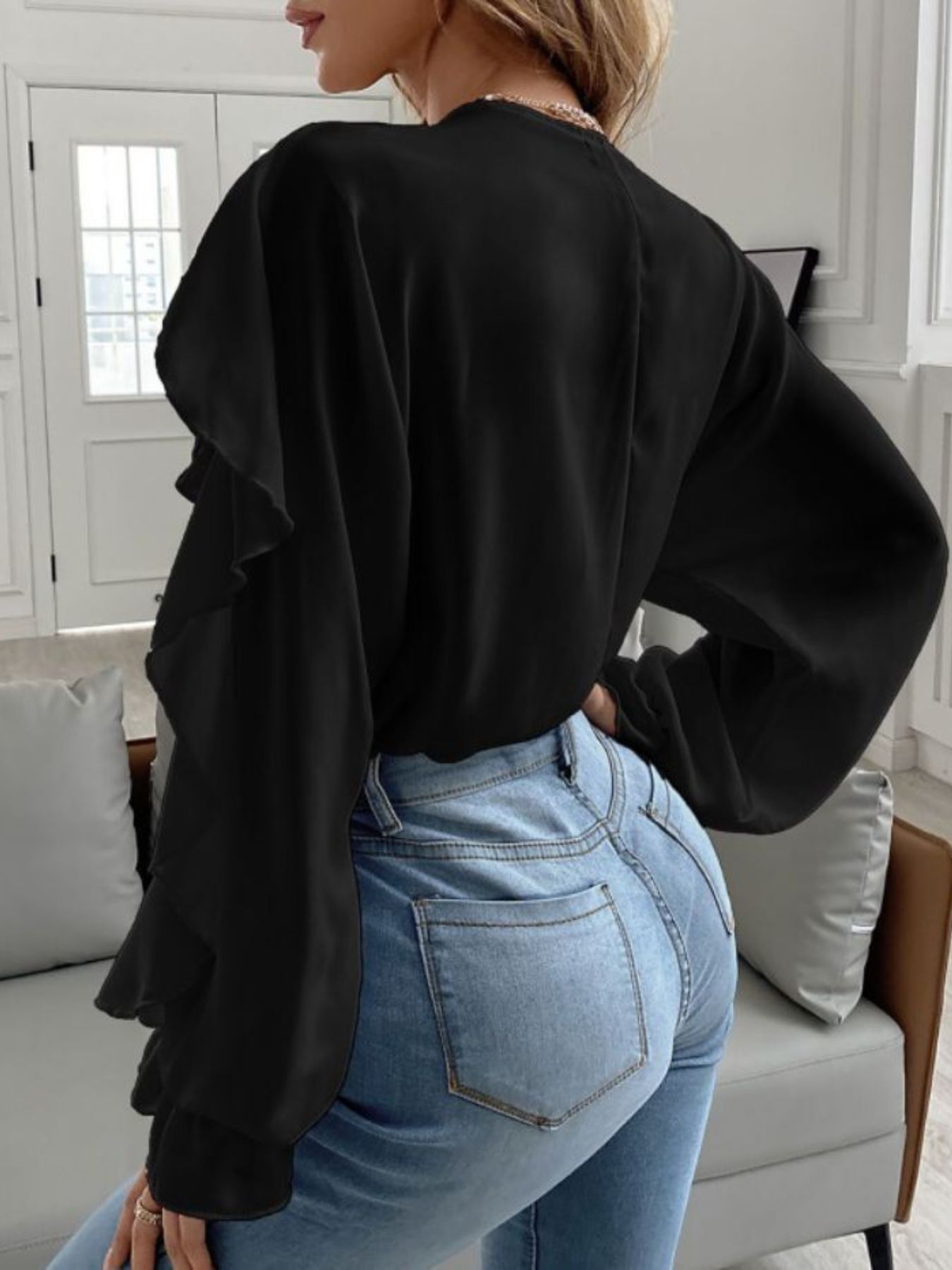 Full Size Ruffle Trim V-Neck Shirt Plus Size