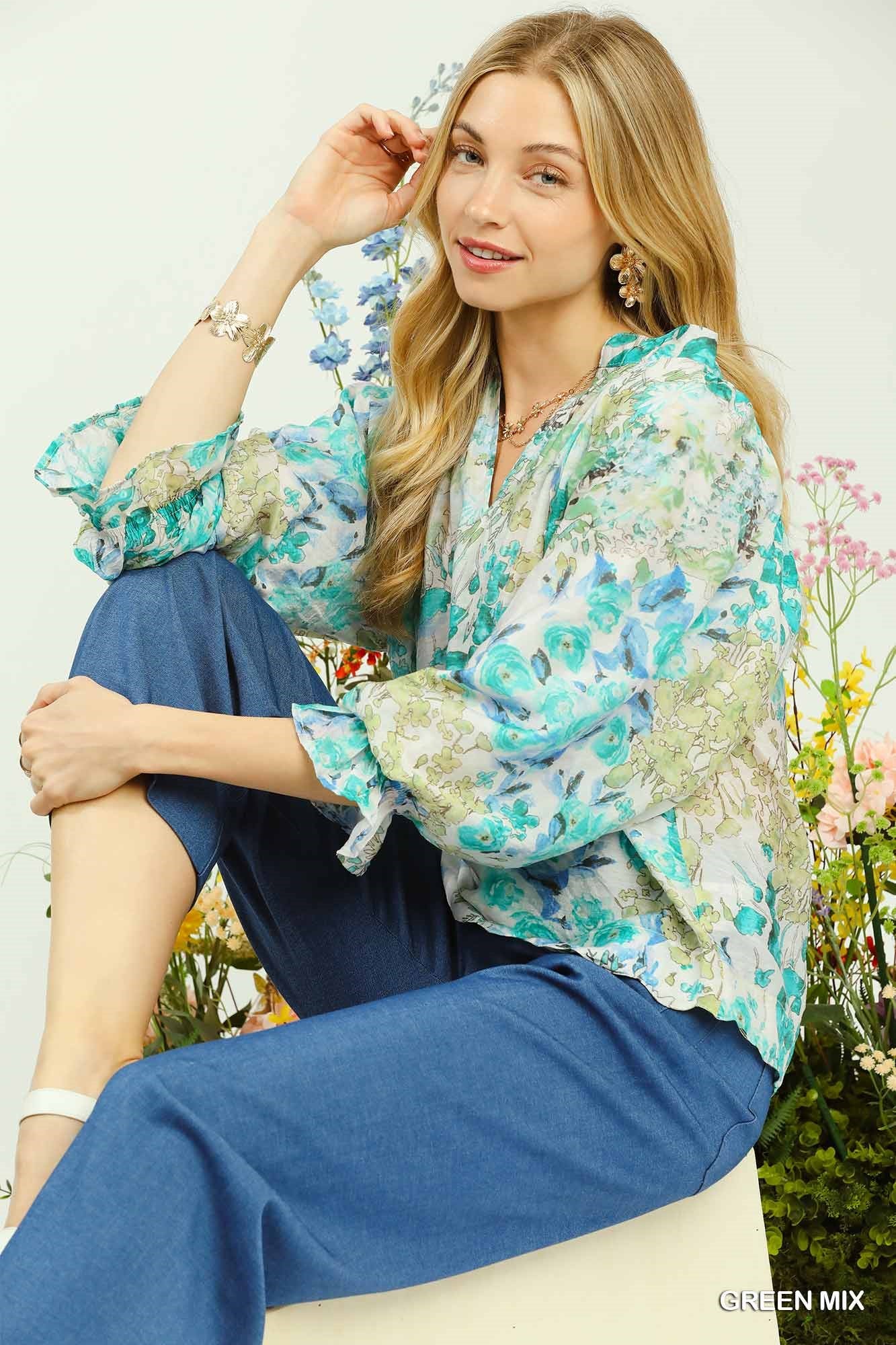 Umgee Watercolor Floral Blouse with Flounce Sleeve