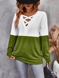 Crisscross V-Neck Color Block Long Sleeve T-Shirt