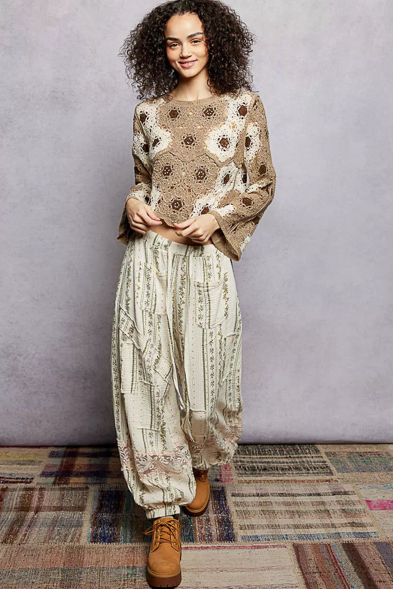 POL Floral Weave Pattern Crochet Cropped Top with Beads Detail