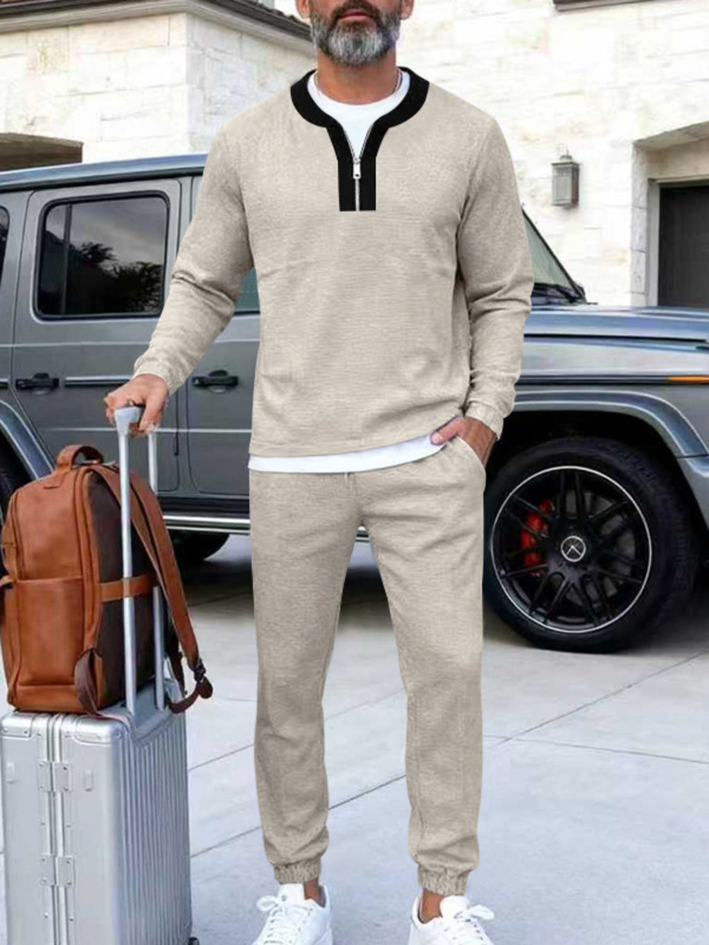 Men's Plus Size Casual Zipper Neck Long Sleeve Top and Pants Set