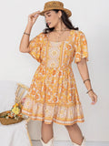 Plus Size Printed Square Neck Short Sleeve Dress