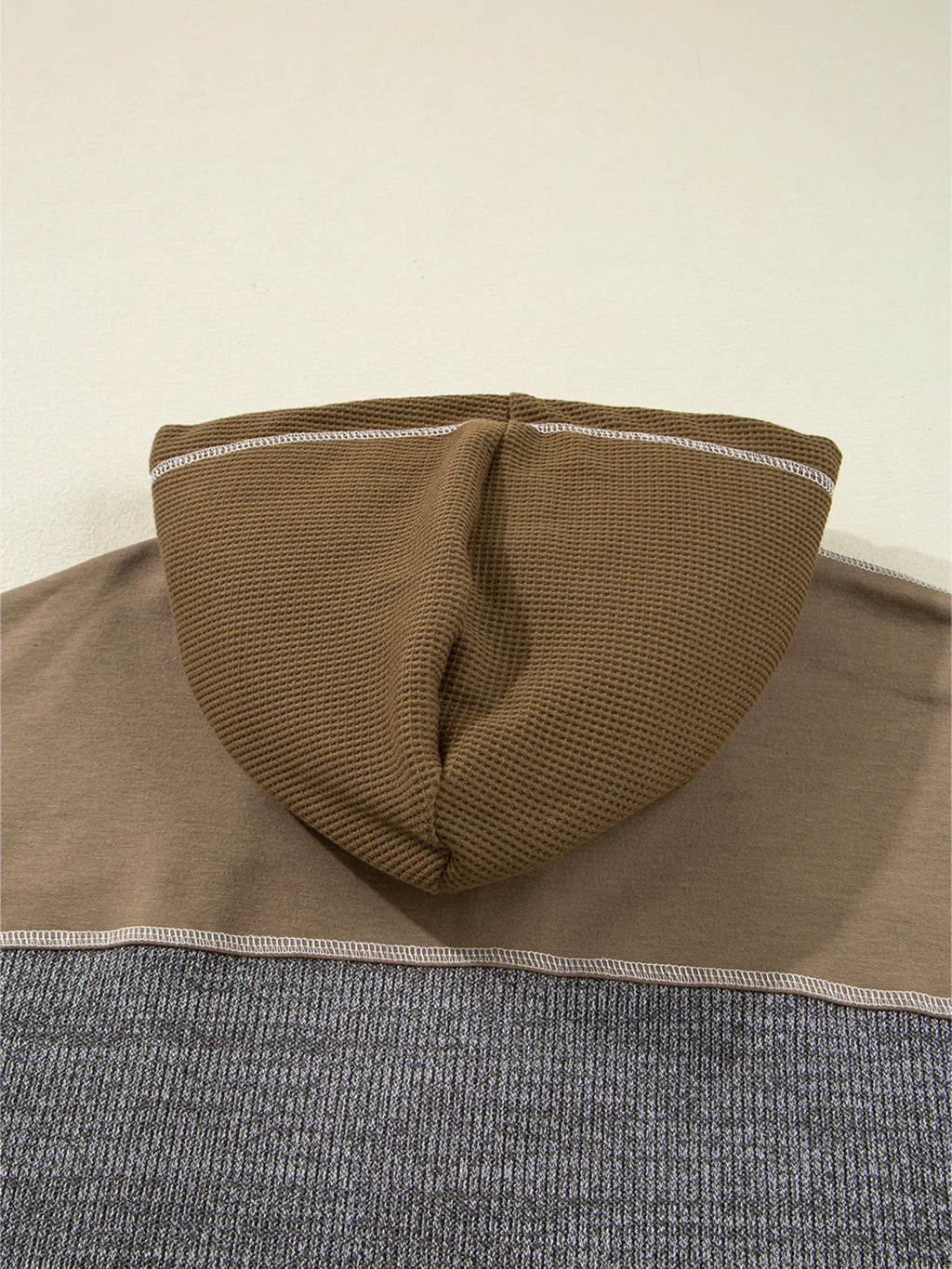 Mixed Texture Patchwork Exposed Seam Half Button Hoodie
