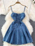 Lace-Up Denim A-Line Mini Dress