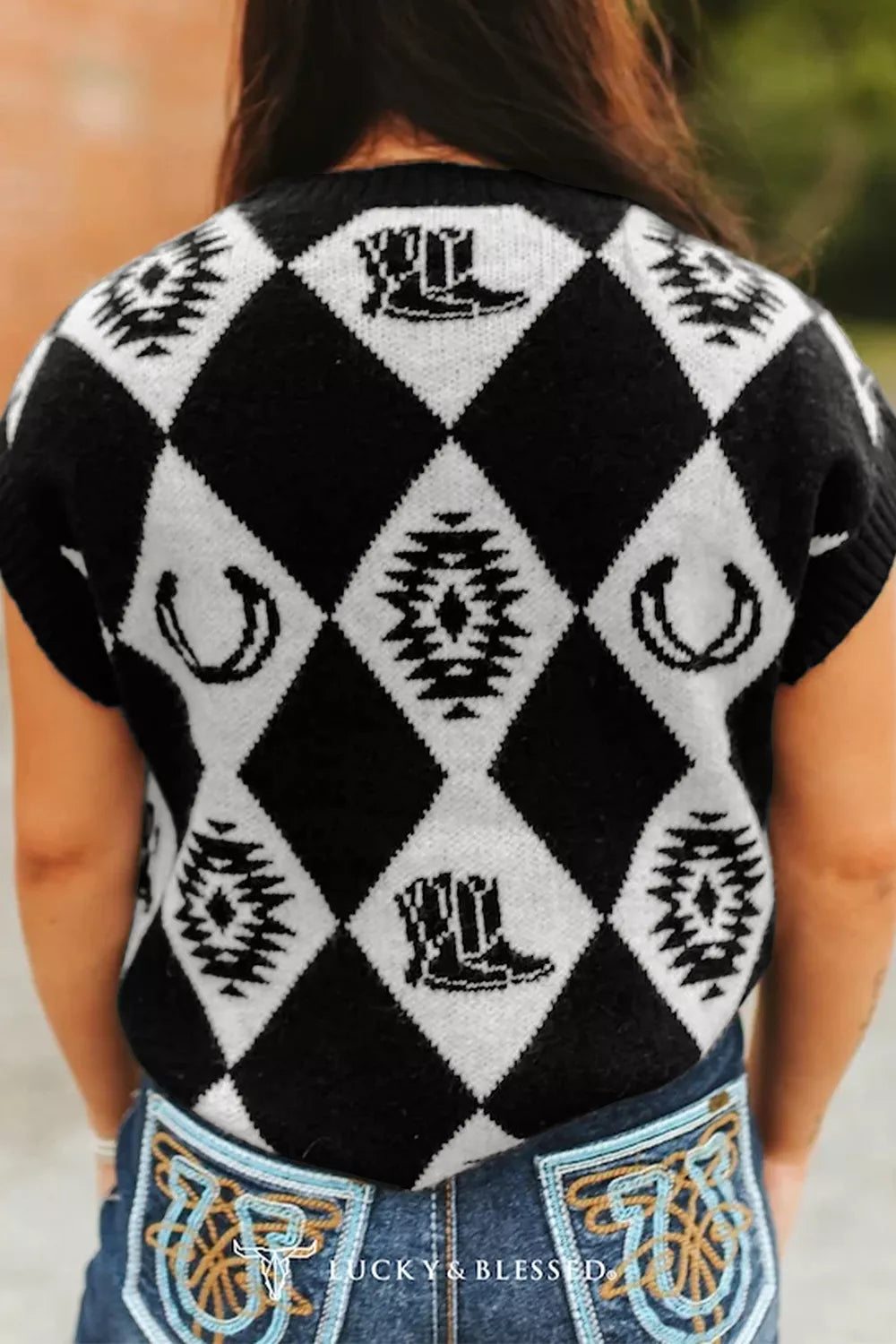 Retro Rhombus Western Print Drop Shoulder Short Sleeve Sweater