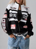 Letter Zip Up Dropped Shoulder Jacket