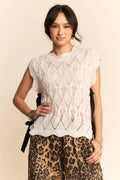 Davi & Dani Ribbon Bow Ties Scalloped Trim Knit Semi Crop Top