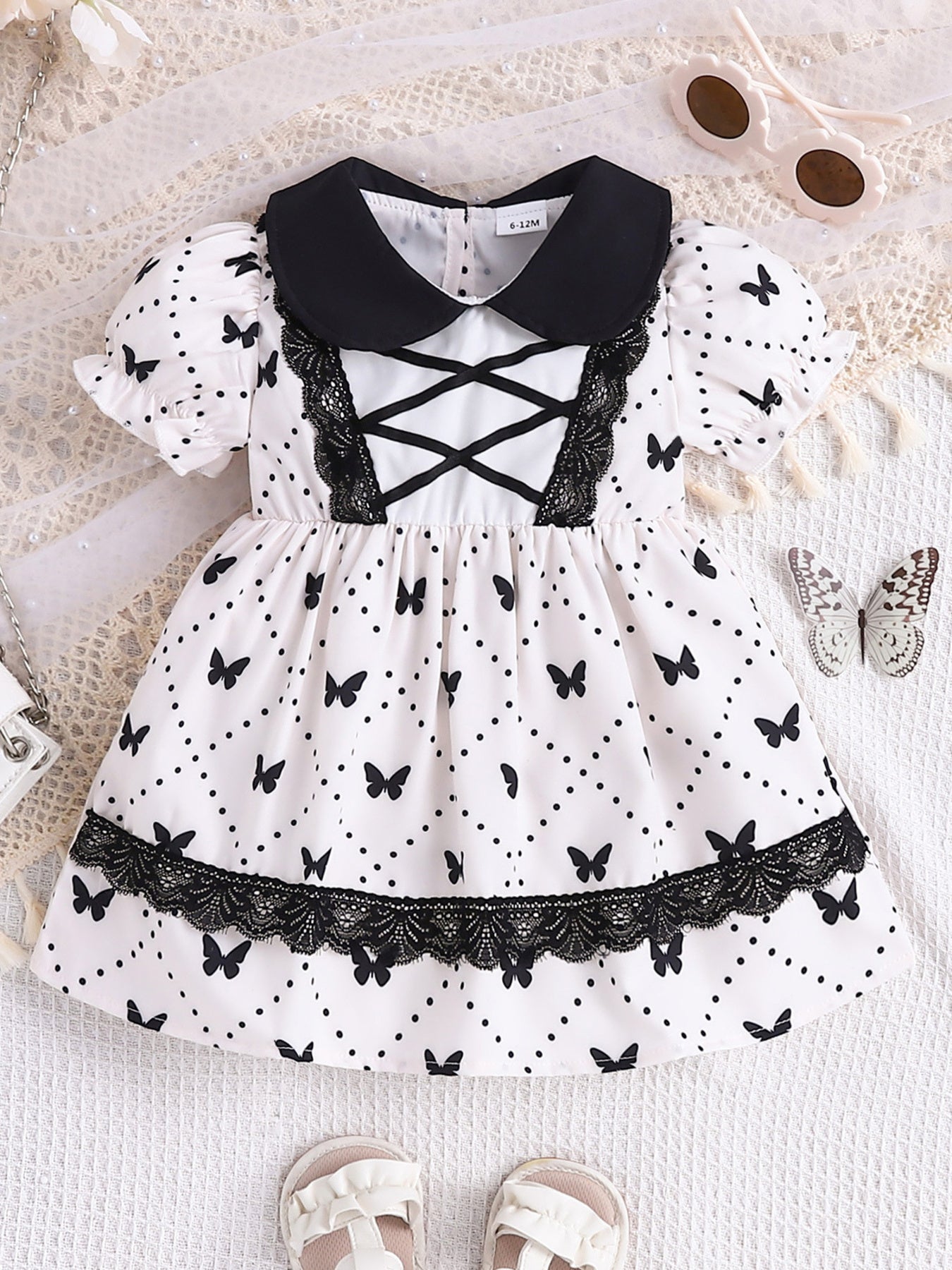 Children's Butterfly Print Lace Trim Peter Pan Collar Dress
