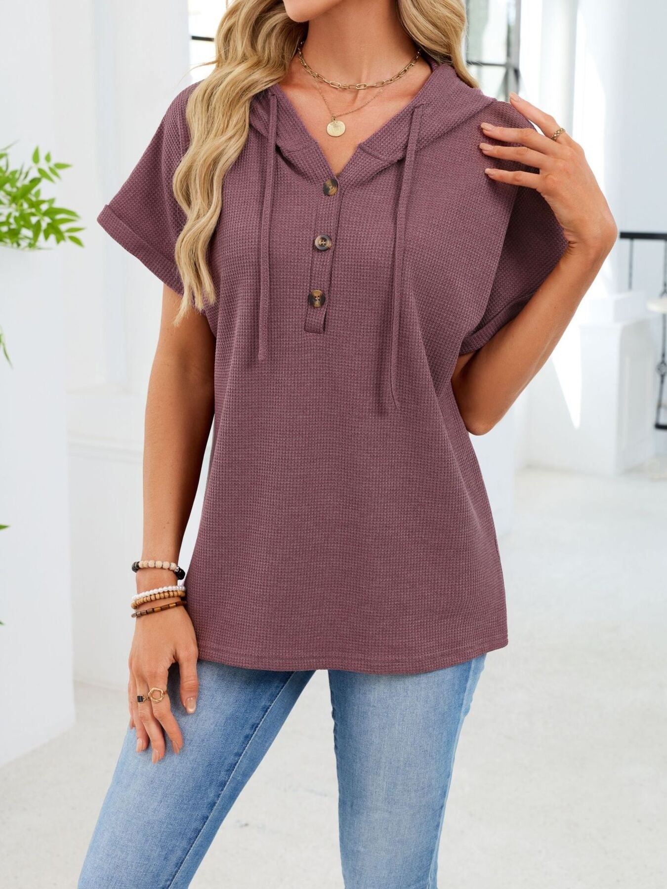 Casual Waffle Knit Button Detail Hooded Top