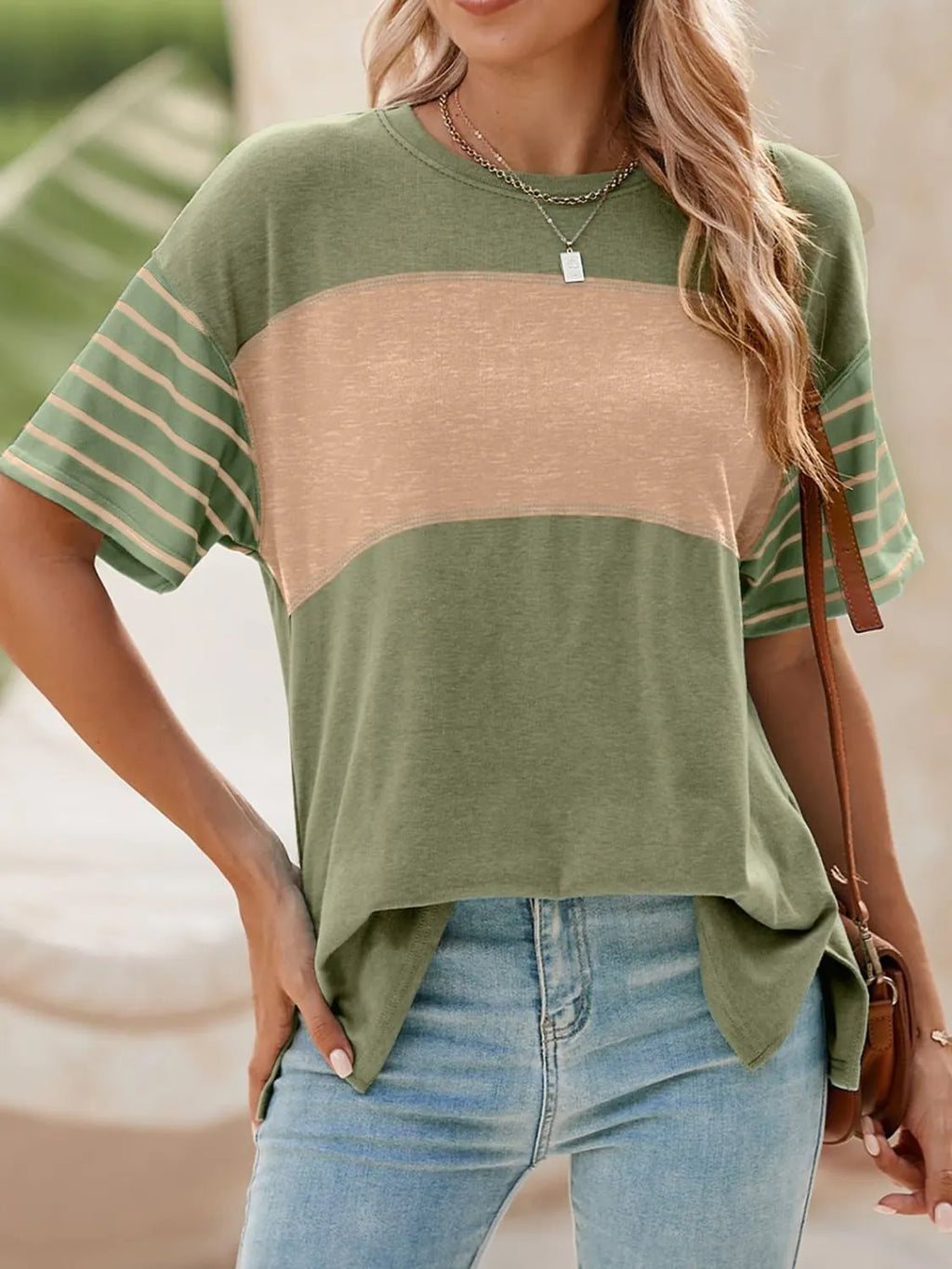 Color Block Striped Sleeve Casual T-Shirt