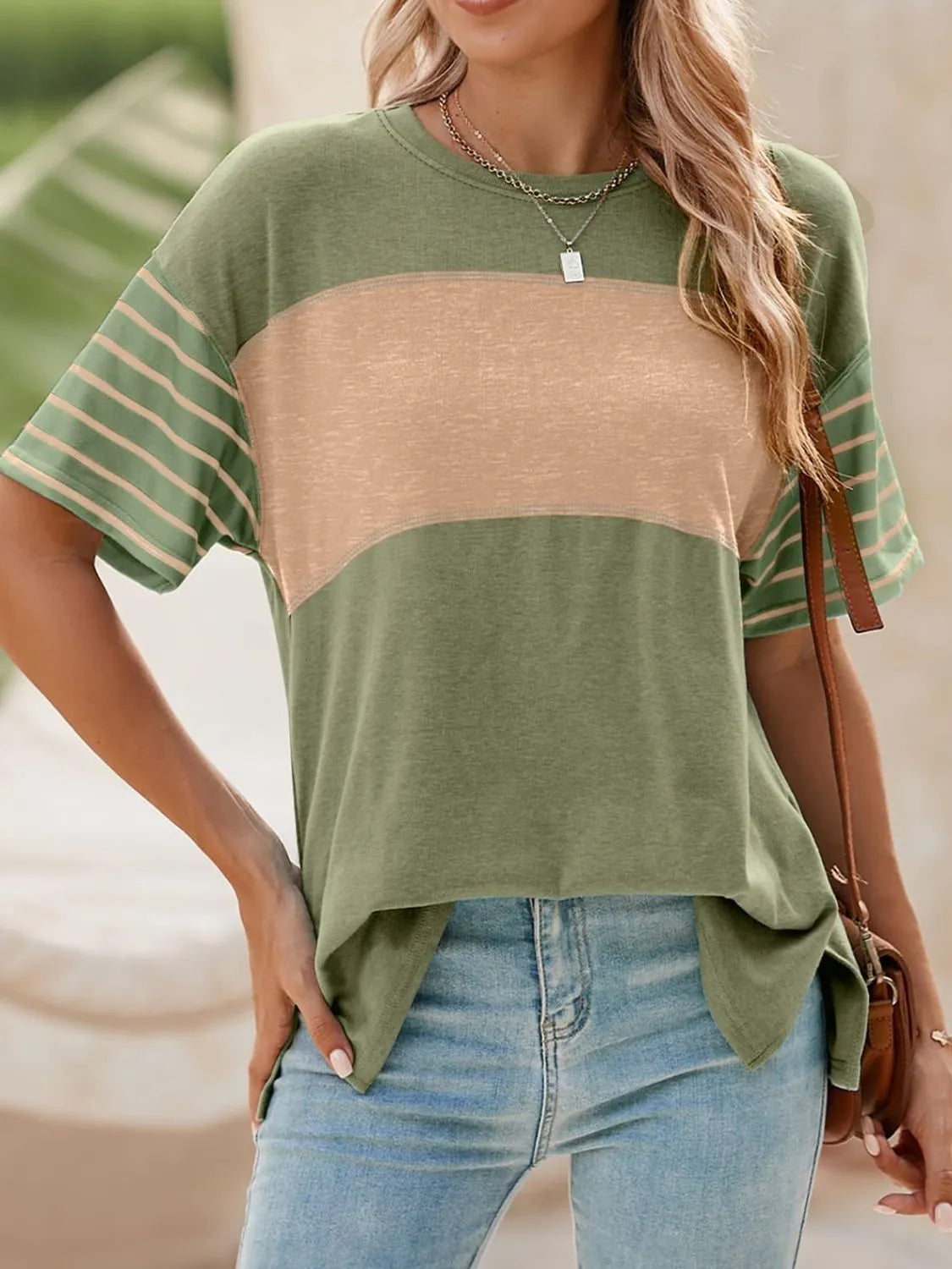 Color Block Striped Sleeve Casual T-Shirt
