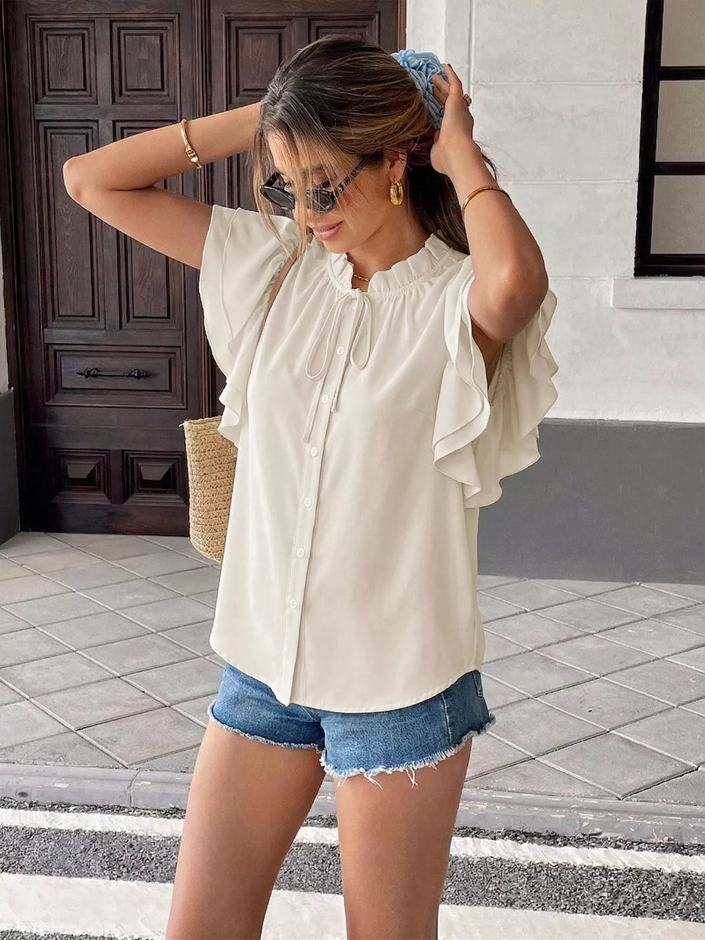 Ruffle Sleeve Tie-Neck Shirt