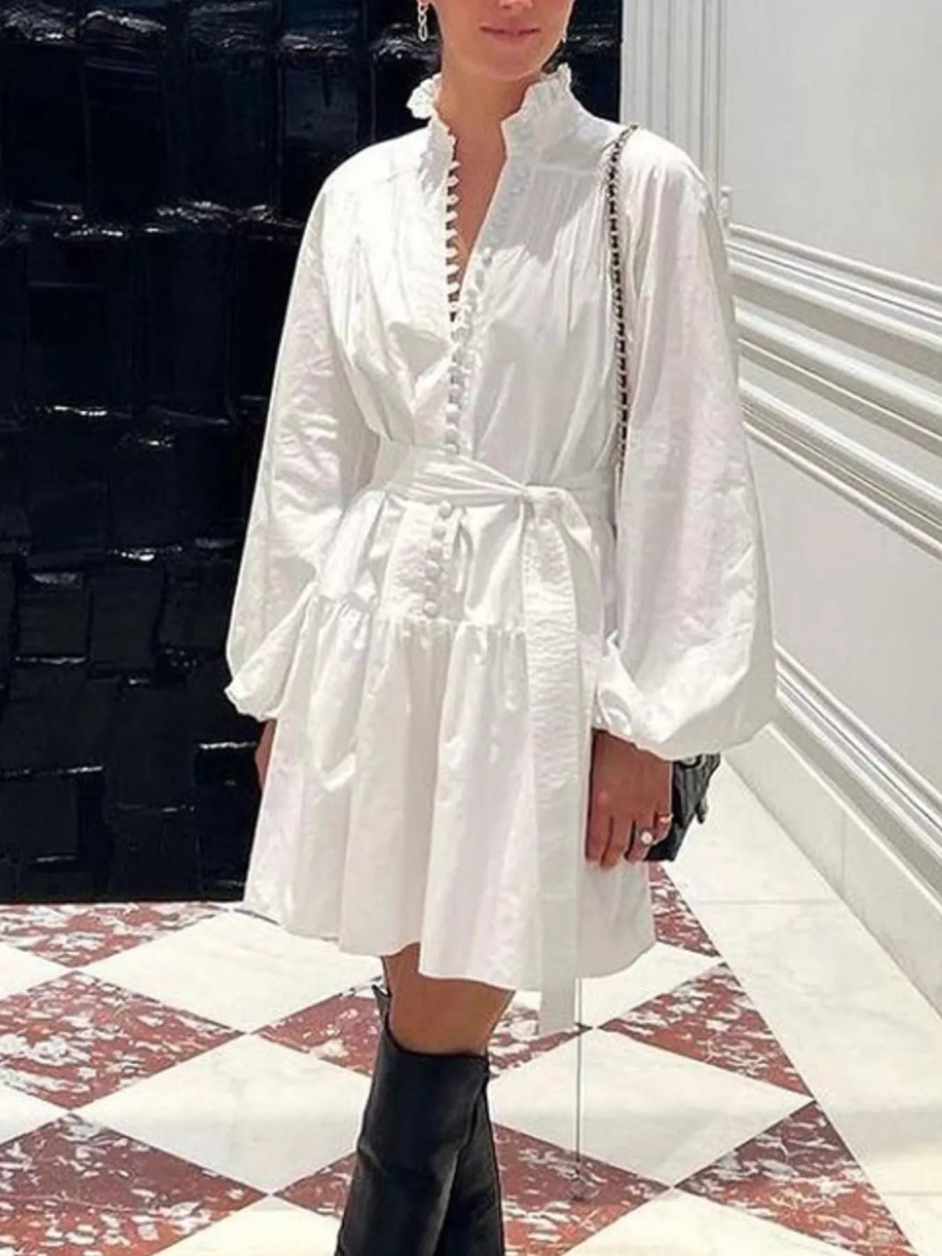 Button-Up Balloon Sleeve Mini Dress