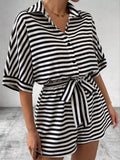 Striped Button-Up Belted Romper