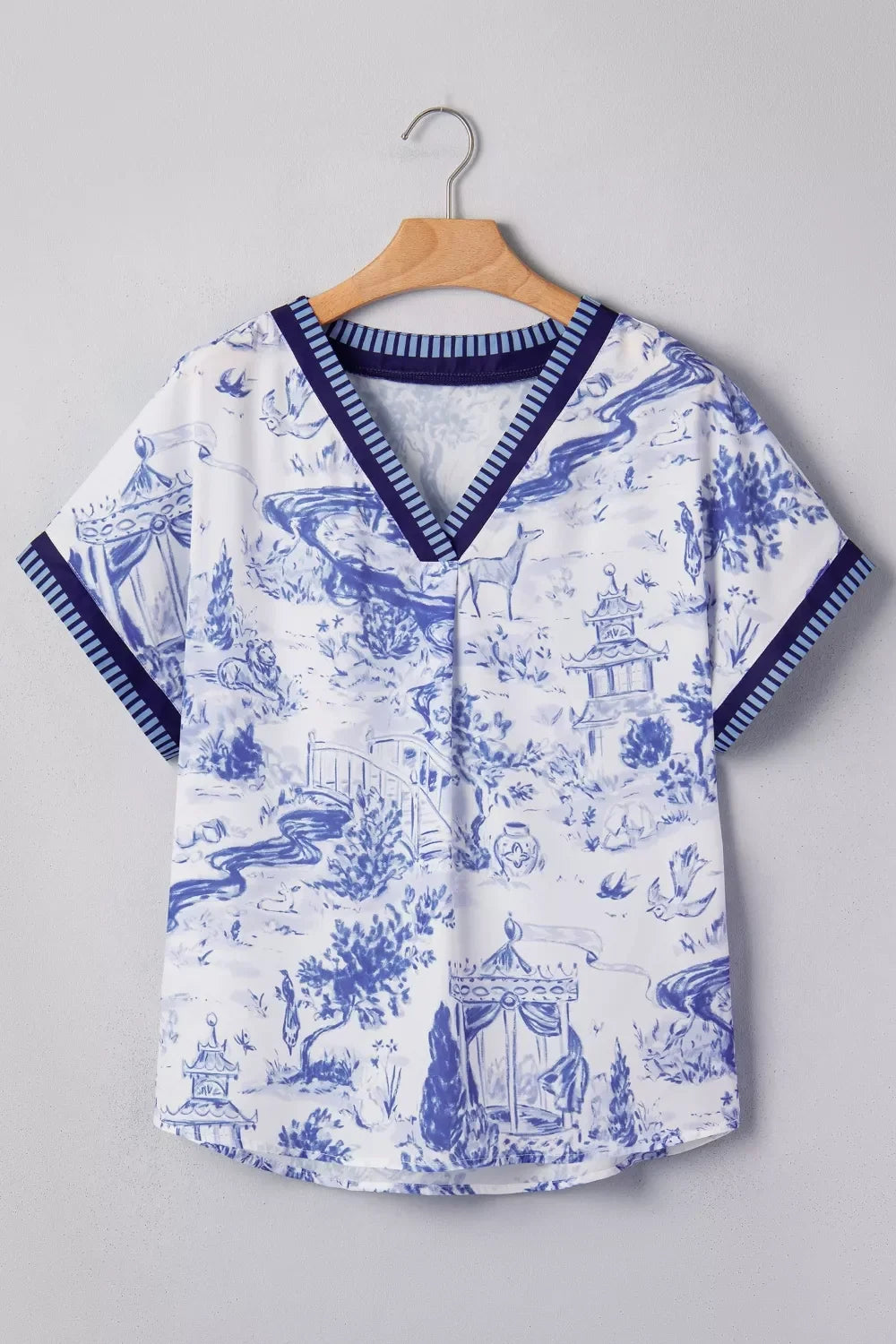 Printed Striped Trim V-Neck Blouse