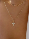 Double Layered Inlaid Zircon Cross Pendant Necklace