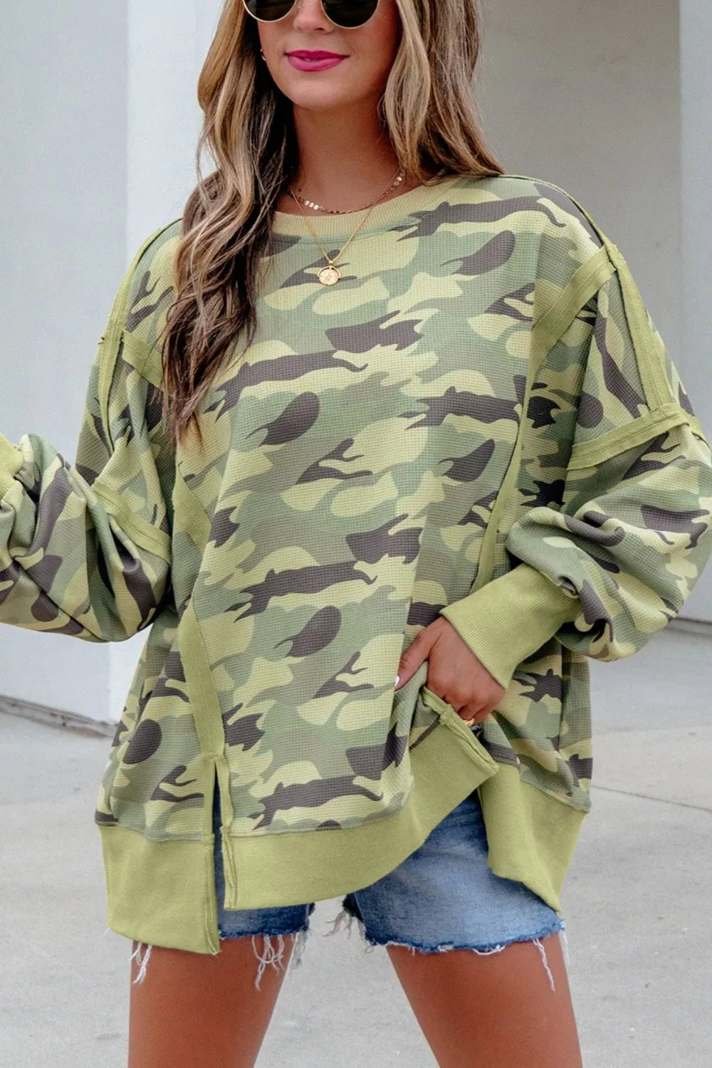 Camouflage Waffle Knit Raw Edge Contrast Trim Oversized Long Sleeve Top