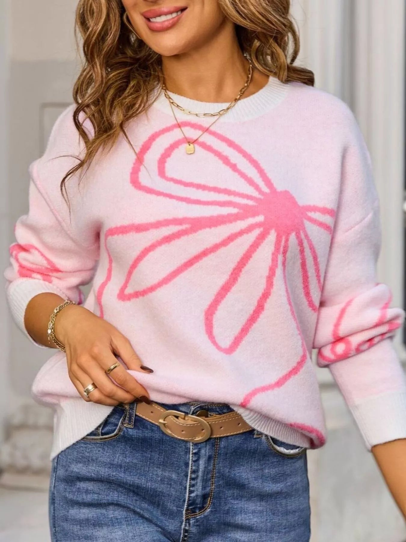 Floral Crew Neck Long Sleeve Sweater