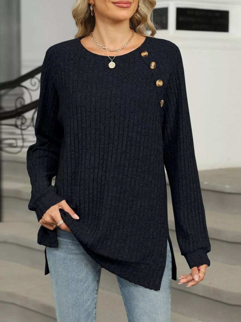 Round Neck Side Slit Ribbed Knit Top with Asymmetric Button Detail