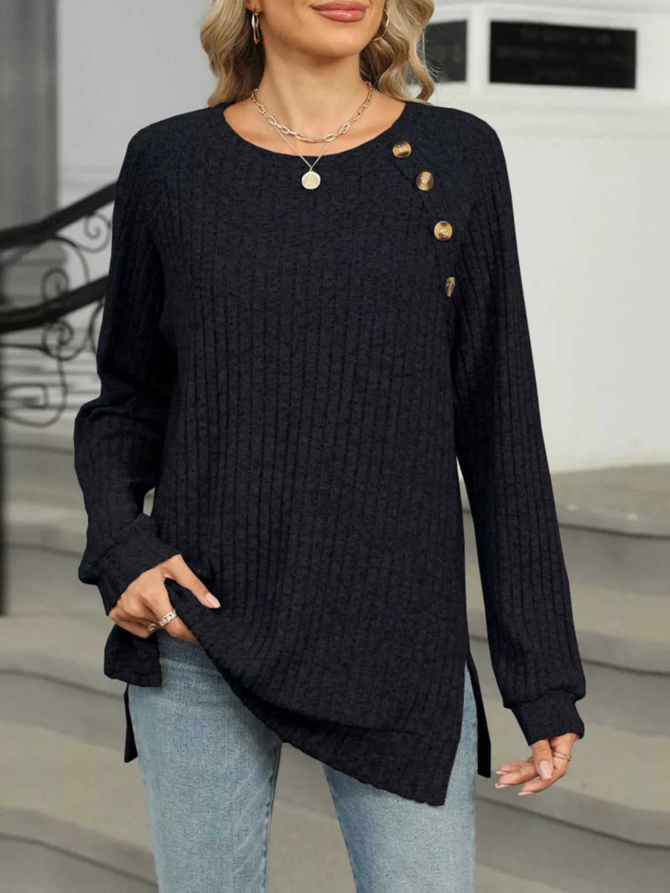 Round Neck Side Slit Ribbed Knit Top with Asymmetric Button Detail