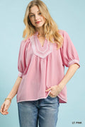 Umgee Textured Jacquard Contrast Trim Top