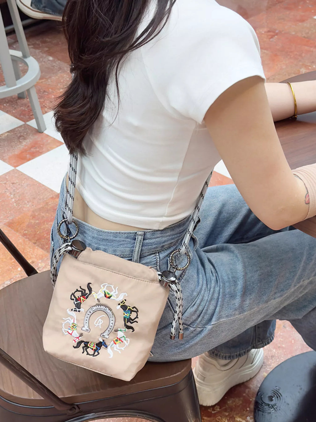 Embroidered Crossbody Bag with Rope Strap