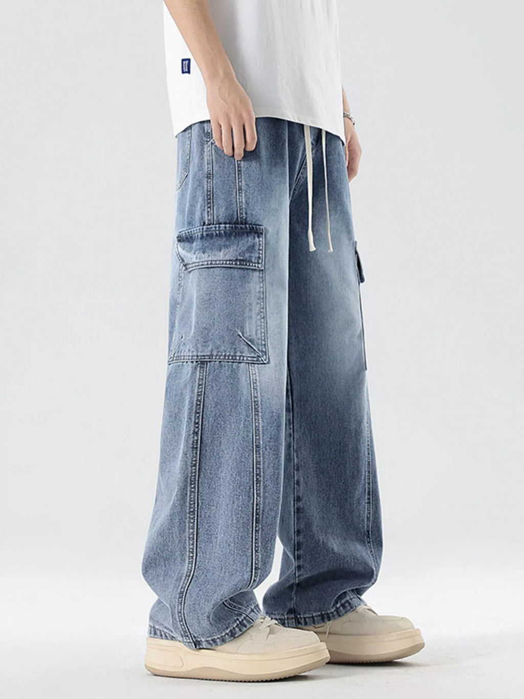 Men's Plus Size Wash Wide Leg Cargo Jeans