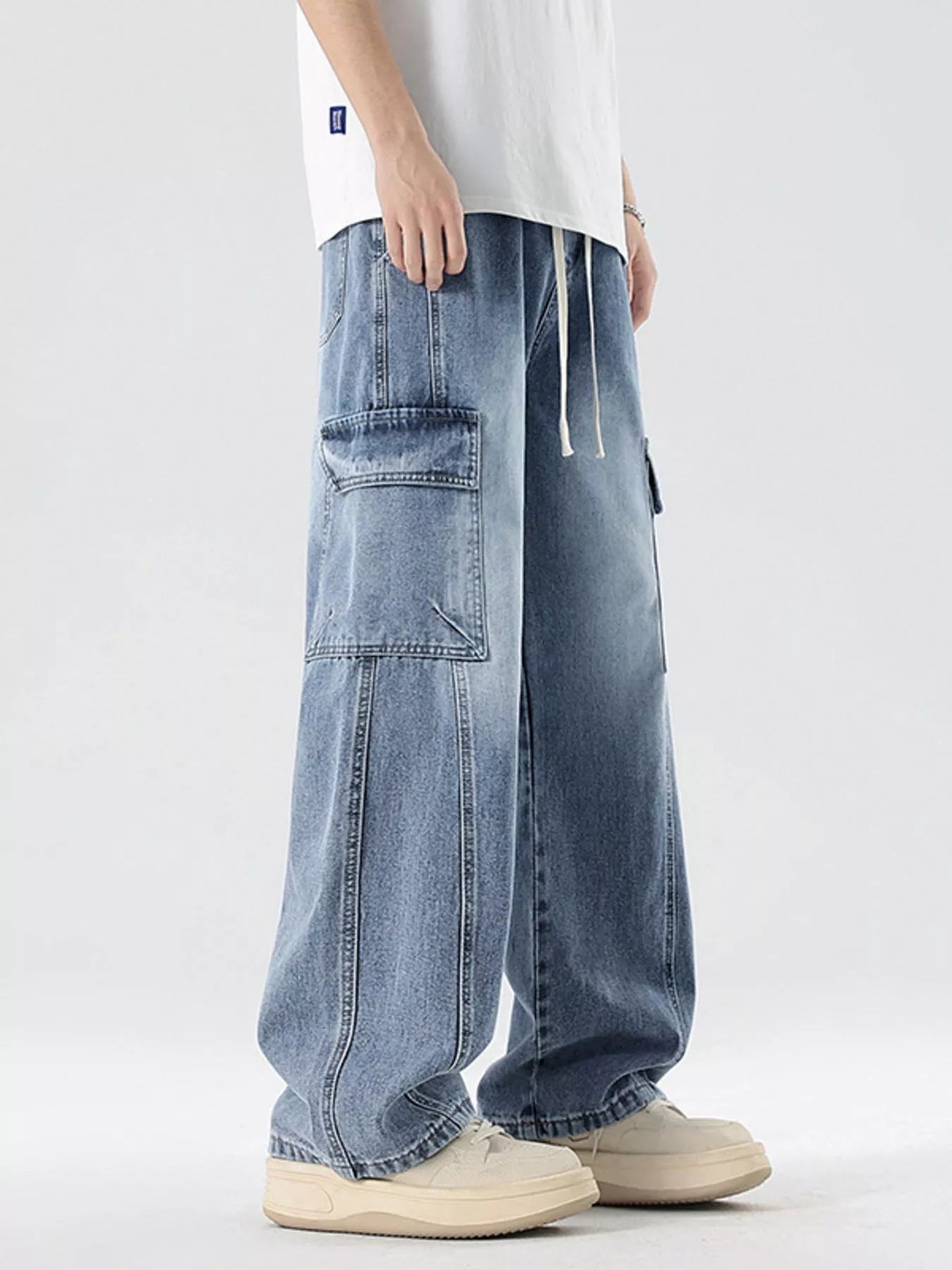 Men's Plus Size Wash Wide Leg Cargo Jeans