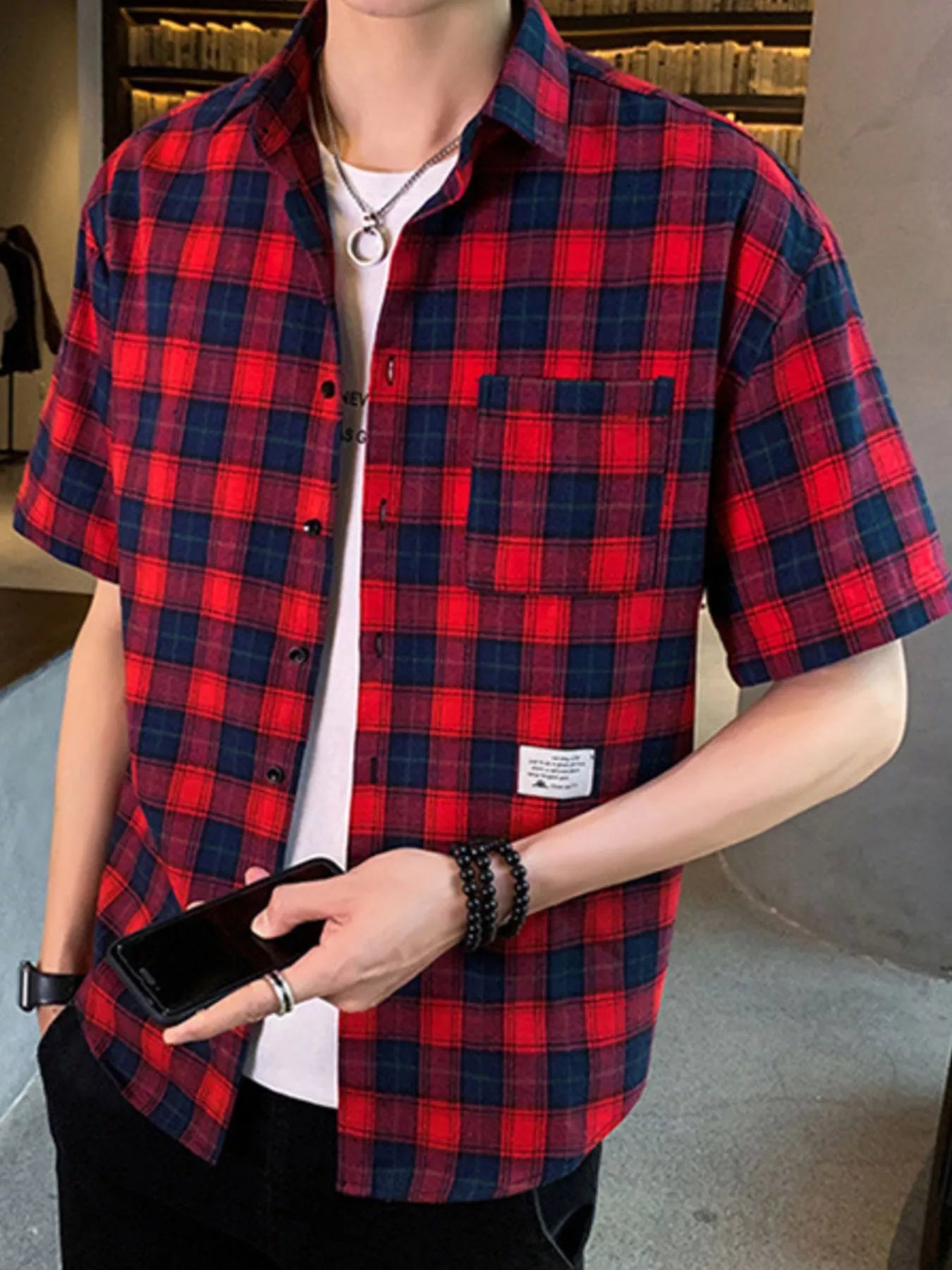 Men's Plus Size Casual Plaid Short Sleeve Shirt