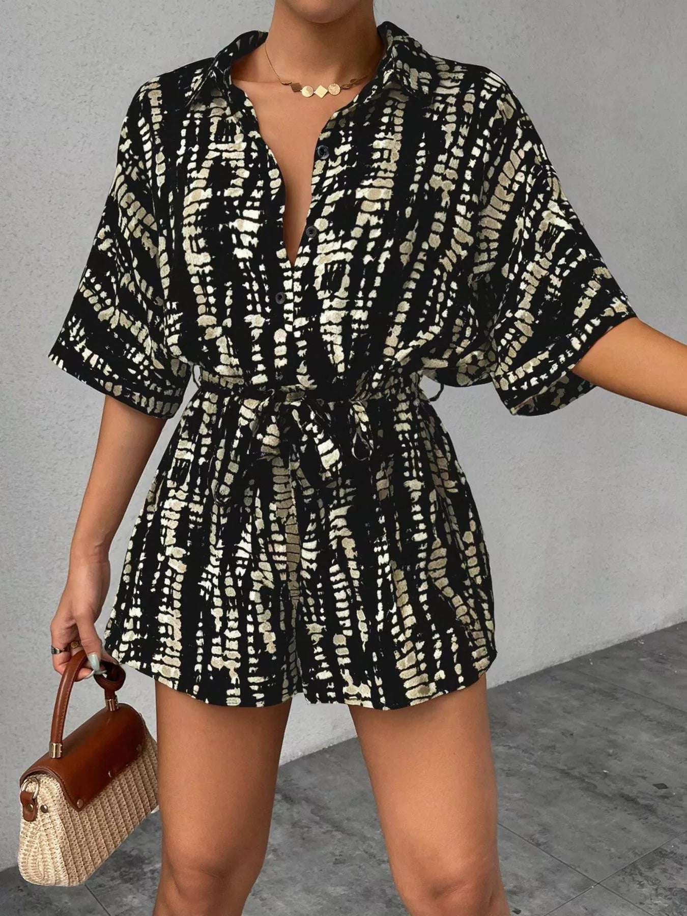 Striped Button-Up Belted Romper
