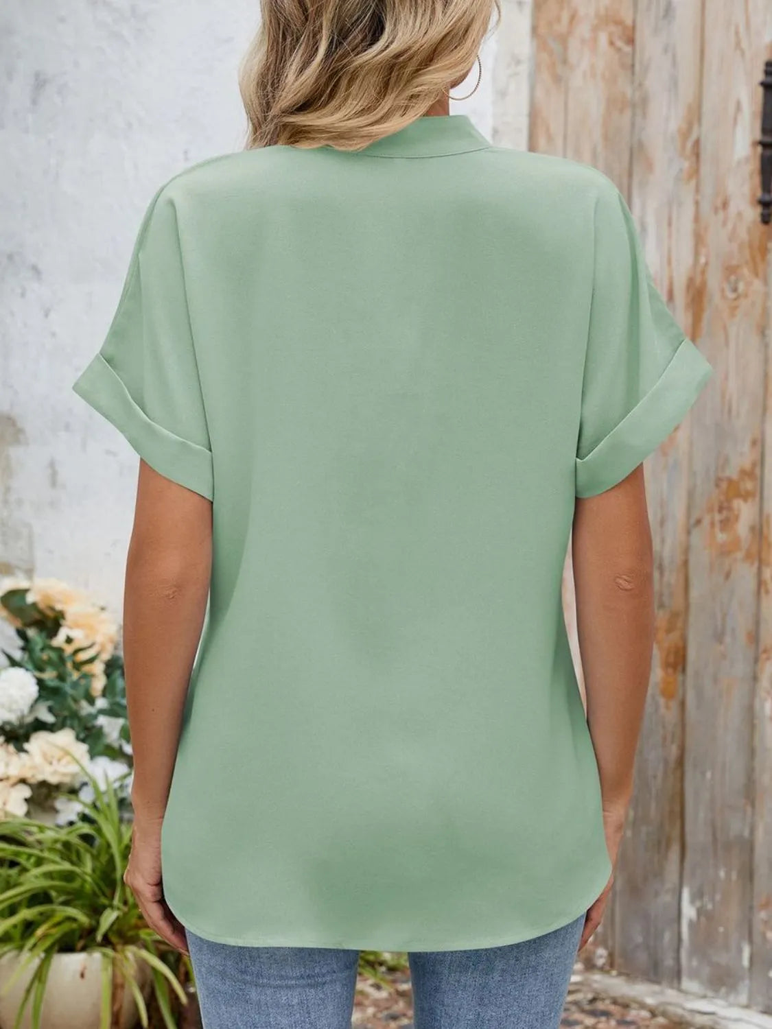 Notched Short Sleeve Blouse