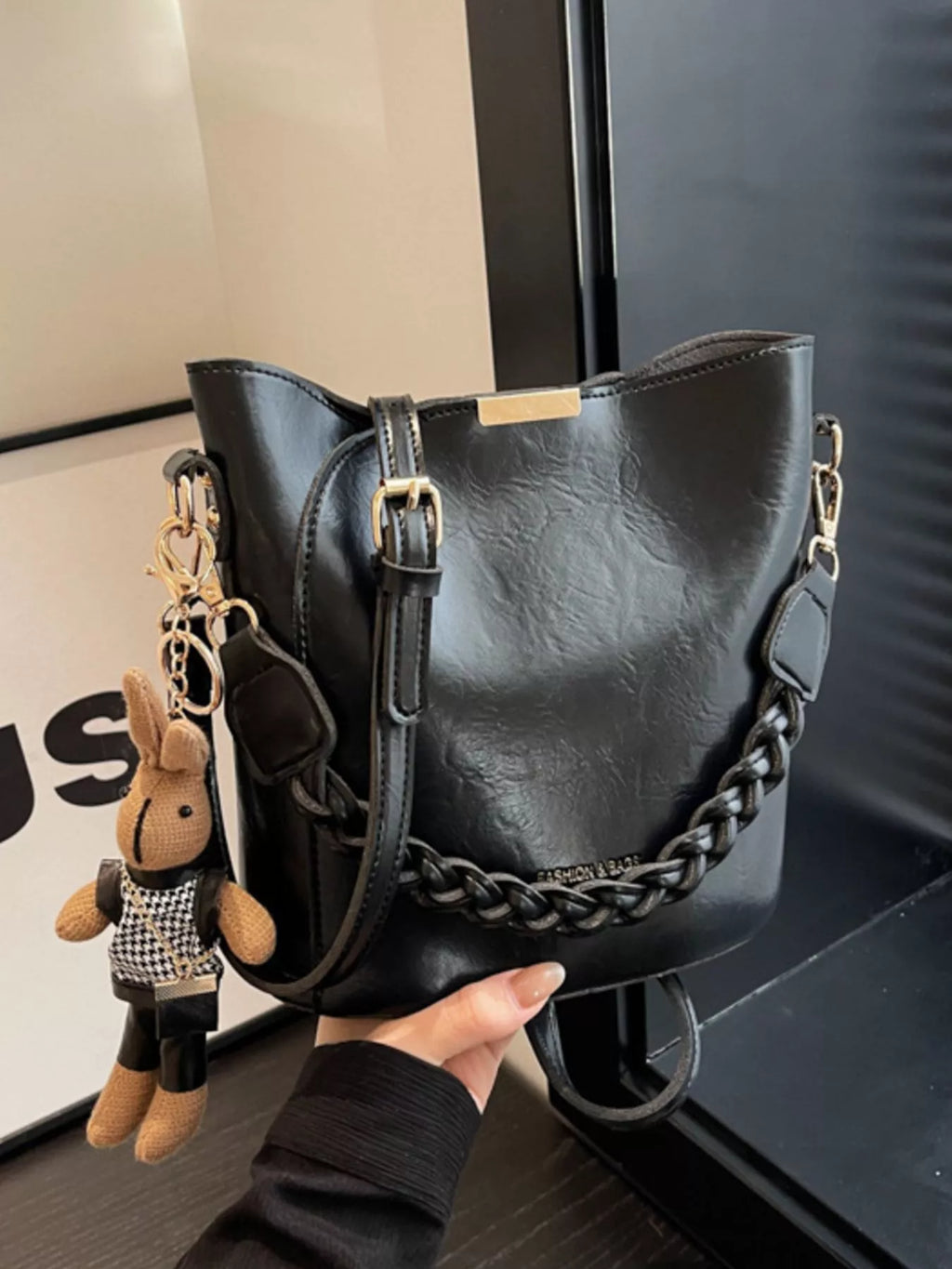 Bucket Style Crossbody Bag with Braided Detail