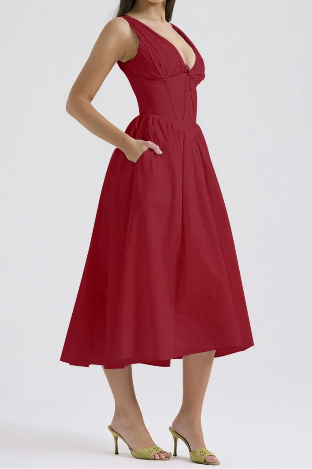 Ruched V-Neck Sleeveless Dress with Pockets