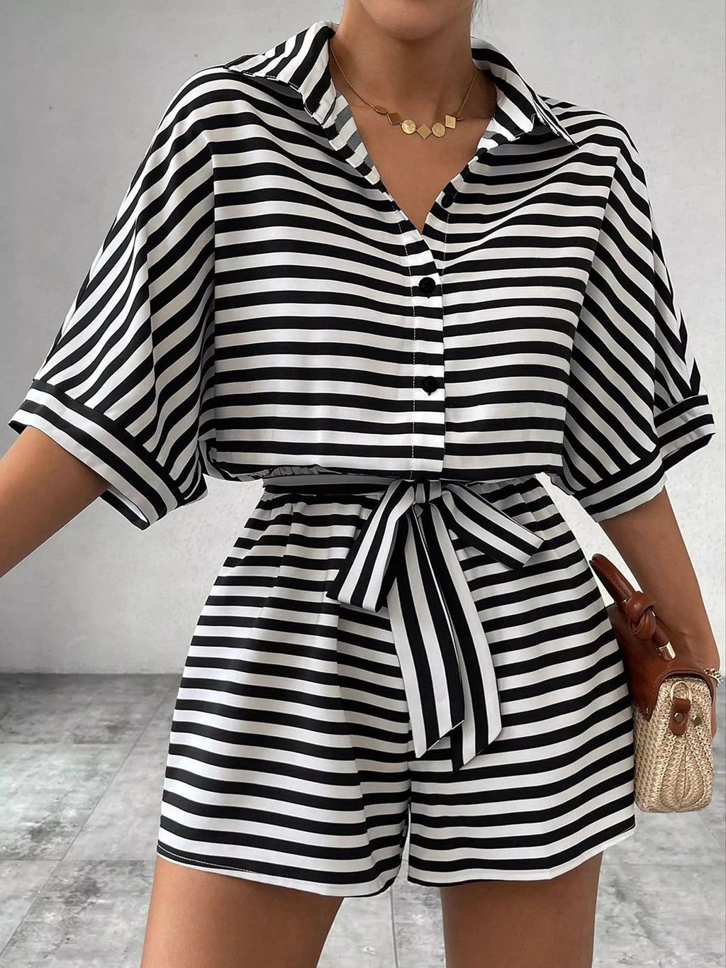 Striped Button-Up Belted Romper
