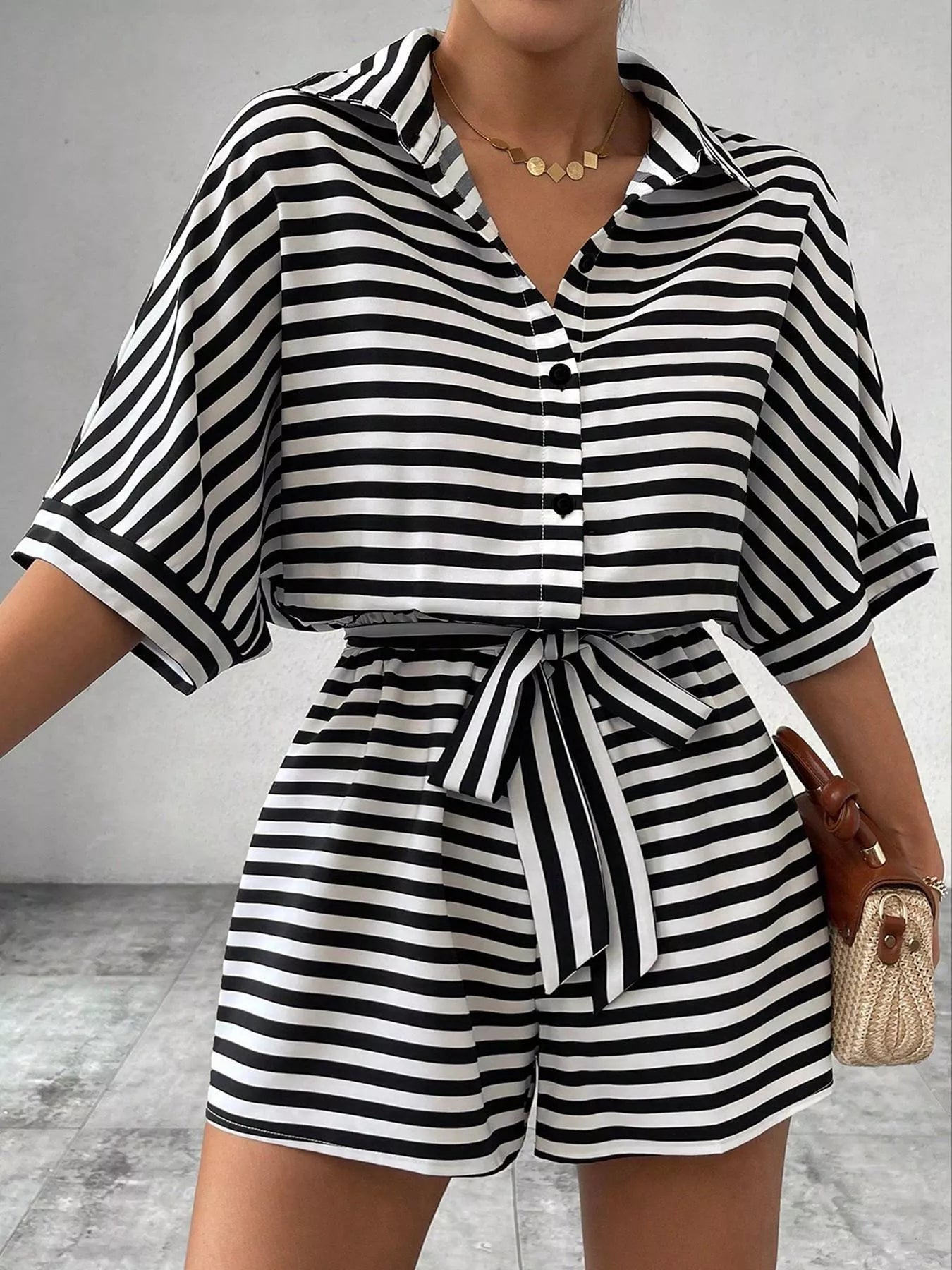 Striped Button-Up Belted Romper