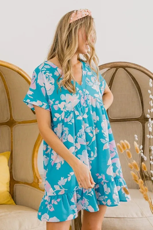 BiBi Floral Crinkle Shirred Ruffle Detail V Neck Dress