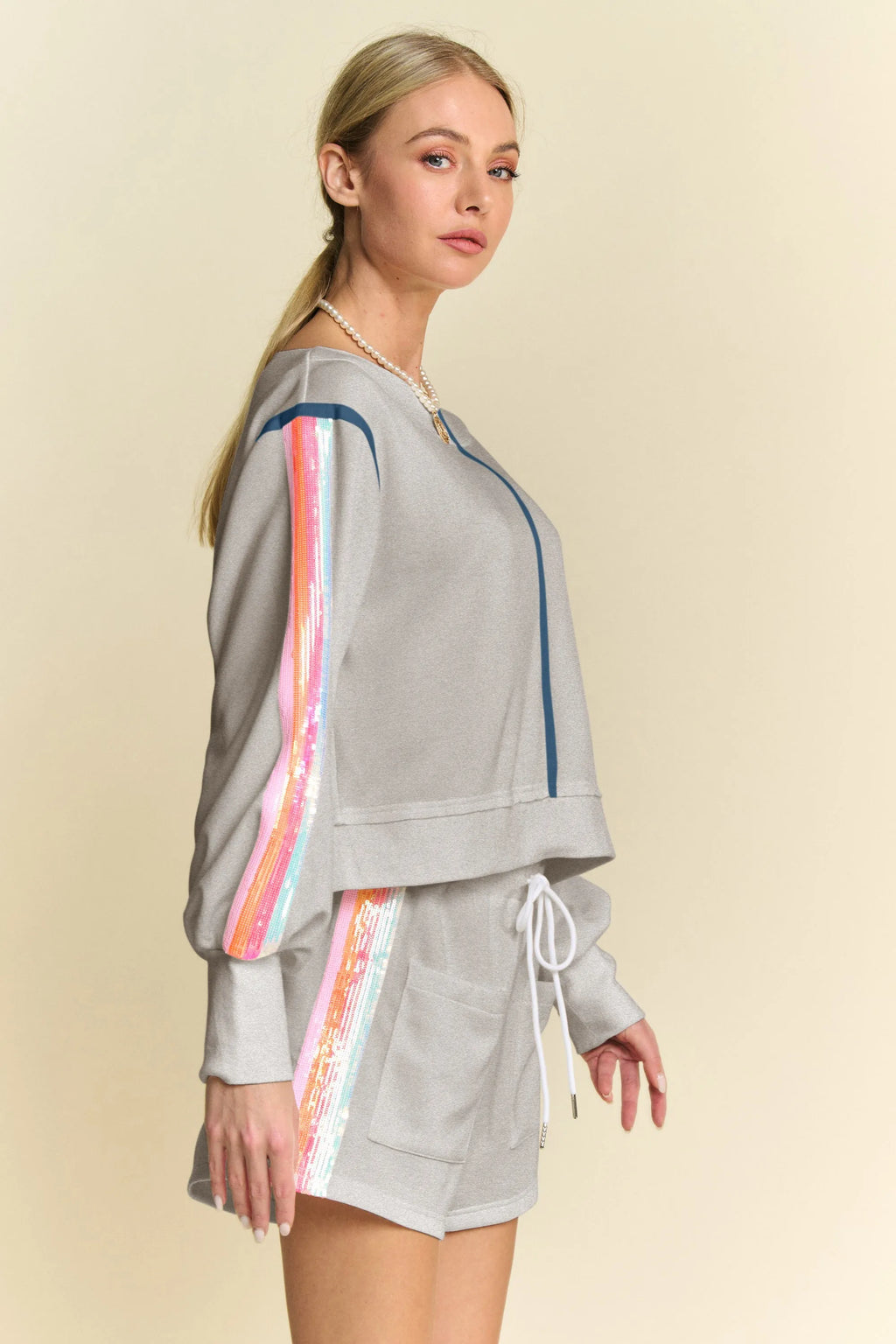 Davi & Dani Sequin Stripe Long Sleeve Top And Short Pants Set
